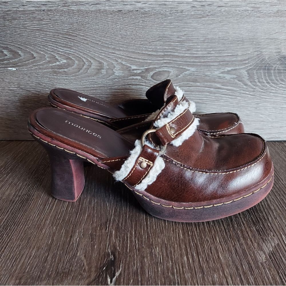 Vintage Maurices Chunky Brown Faux Leather & Shearling Slip-on Heeled Clogs 8